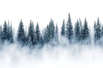 Fototapeta premium Misty forest landscape with snow-covered pines.