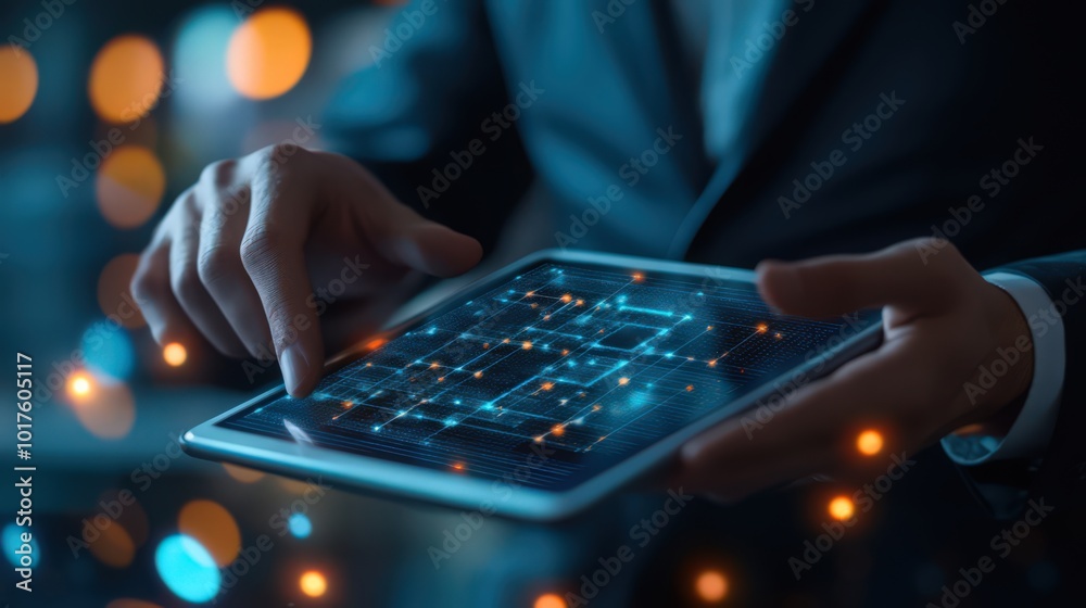 Poster digital tablets aid a businessman in applying blockchain technology and data encryption, integrating