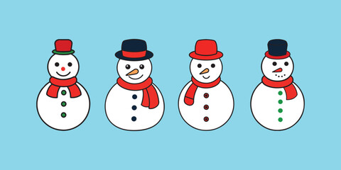 Cute Cartoon Christmas Snowman icons set, Winter Snowman vector clipart, Snowman Vector Illustration For T Shirt Design.
