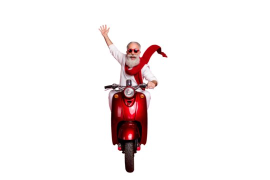 Full size photo of funny pensioner with gray hair driving bike wearing eyewear eyeglasses white pullover isolated over red background
