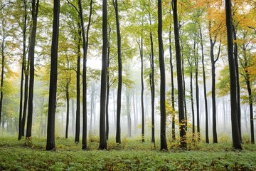 Fototapeta premium Misty forest scene with sunlight filtering through trees