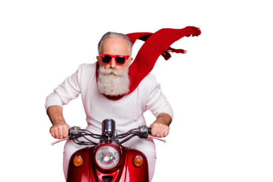 Close up photo of cool pensioner riding his bike with air wind blowing wearing white jumper sweater isolated over red background