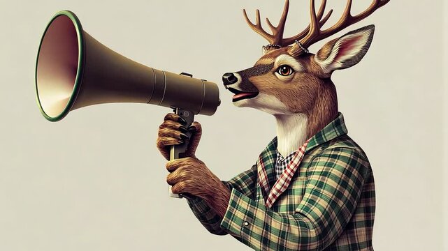 A deer wearing a plaid shirt holds a megaphone and speaks.