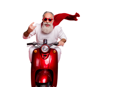 Portrait of funky pensioner in eyewear eyeglasses showing rock-and-roll sign driving bike wearing white jumper isolated over red background