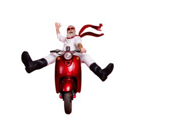 Full size photo of funny pensioner with eyeglasses eyewear raising his palm screaming driving his bike wearing white jumper trousers pants boots isolated over red background
