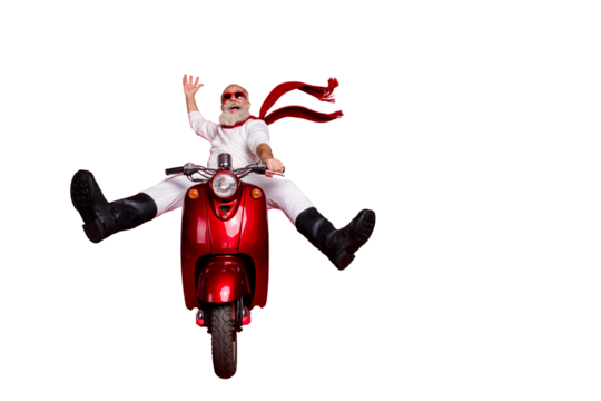 Full size photo of funny pensioner with eyeglasses eyewear raising his palm screaming driving his bike wearing white jumper trousers pants boots isolated over red background - Powered by Adobe