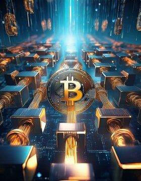 Blockchain y criptomonedas: Una cadena de bloques tridimensionales flotando en el espacio cibern&eacute;tico con una moneda digital en el centro.