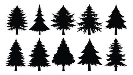 Fir trees silhouettes set isolated flat vector illustration on white background.