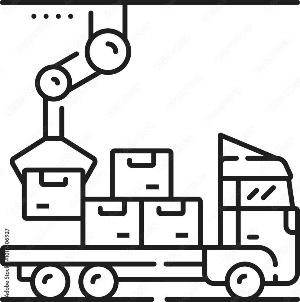 Poster manufacture package loading, automatic and manual production line icon. plant assembly line automati