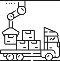 Manufacture package loading, automatic and manual production line icon. Plant assembly line automatic equipment, industry manual production thin line vector symbol with robot loading boxes on truck