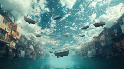 Oceans floating above with boats sailing upside down in the sky, birds swimming through the air, surreal reversed gravity scene, gravity-reversed landscape, unique world concept