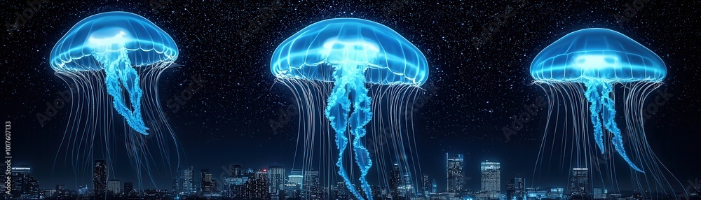 Poster Jellyfish Over Cityscape.