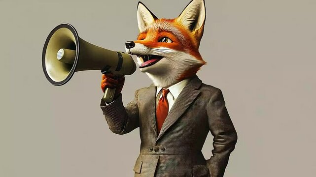 A fox wearing a suit and tie holds a megaphone, looking towards the right.