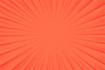 Orange comic background. Art pop cartoon backdrop. Halftone effect pattern. Fun anime texture. Starburst manga style bg. Mark popart radial gradient. Bright abstract neon color. Vector illustration © Omeris