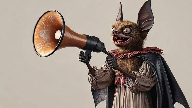 A furry bat in a cape holds a megaphone, smiling mischievously, ready to announce something.