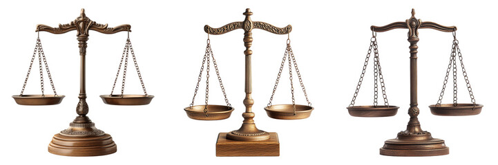 Vintage brass balance scales isolated on transparent background graphic PNG for legal design concepts or business illustrations