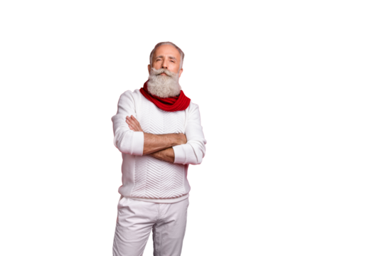 Trendy grey-haired superhero fearless santa wear warm knitted clothes isolated red background