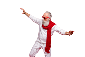 Modern santa character aged man moving like star at party wear sun specs knitted clothes isolated red background