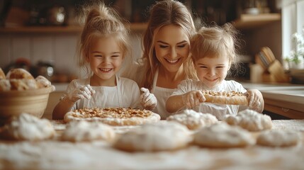 A joyful mother and her two daughters baking together in a cozy kitchen.