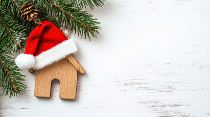 Wooden house with Santa hat and Christmas tree branch on white table, top view. Real estate agency, agent or realtor, construction, holiday decoration, seasonal sales, mortgage, home loan