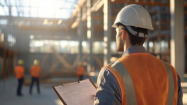 Engineer standing near construction site office, reviewing project schedule, workers installing beams in the background, photorealistic