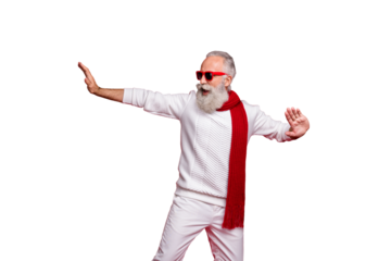 Cool aged santa like man drunk dancing with youth at club wear sun specs knitted clothes isolated red background