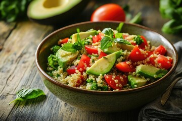 A bowl of quinoa salad with avocado and tomatoes. Perfect for showcasing a healthy and delicious meal.