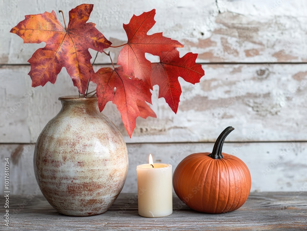 Poster Autumn home decor with ceramic vase containing red leaves candle and two pumpkins on wooden table