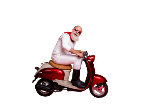 Crazy aged santa man coming newyear 2020 party by vintage moped wear jumper and trousers isolated red background