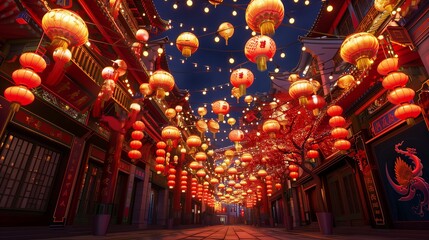  On a bustling city street, vibrant New Year lanterns hang gracefully from above, illuminating the scene with a warm, festive glow.
