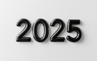 The numbers "2025" made of smooth, glossy black plastic on a white background, giving a modern and sleek appearance 