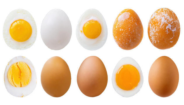 Set of eggs, hard soft boil, sunny side up, fried, bull's eye, runny cracked shell yolk on transparent background 