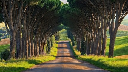 Obraz premium Scenic Tree-Lined Road in Green Landscape
