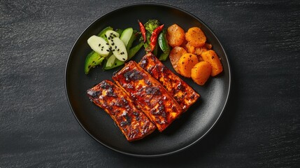 Grilled Meat with Vegetables on a Round Plate