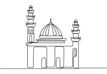 Large mosque in one continuous line drawing. Symbolizing spirituality and architectural magnificence.