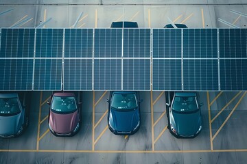 Aerial view of photovoltaic panels on a parking lot roof, providing protection for electric passenger cars from the scorching sun while simultaneously benefiting the environment through sustainable