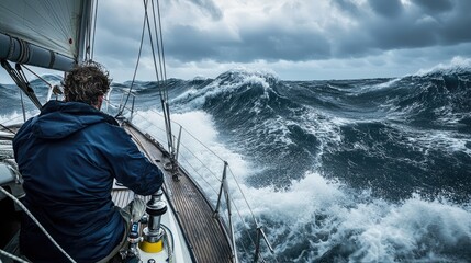 Steering through the storm, a man on a sailboat faces crashing waves and fierce winds, holding steady against the harsh ocean conditions.