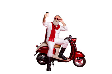 Portrait of his he nice attractive stylish trendy confident content cool gray-haired man taking making selfie touching specs isolated over bright vivid shine red background