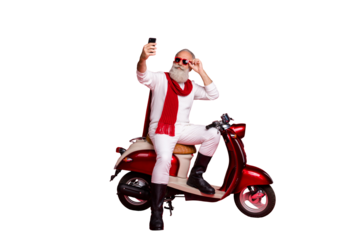 Portrait of his he nice attractive stylish trendy confident content cool gray-haired man taking making selfie touching specs isolated over bright vivid shine red background