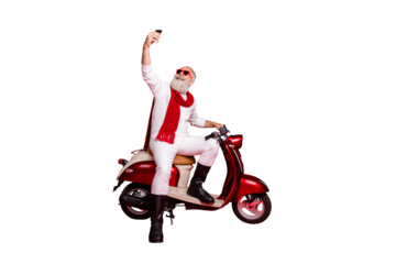 Full length body size view of his he nice attractive well-dressed stylish trendy confident cheerful gray-haired man taking making selfie isolated over bright vivid shine red background