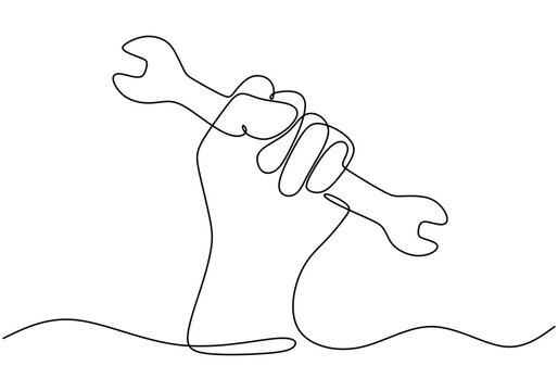 Continuous line drawing of a hand gripping an adjustable wrench. Symbolizing repair and maintenance tools in construction.
