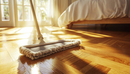 A mop cleaning a polished wooden floor in a sunlit bedroom, showcasing a serene and tidy environment.