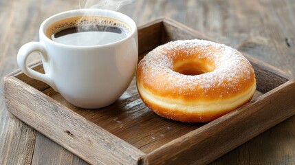 Fresh Coffee and Sugar Donut on Wooden Tray