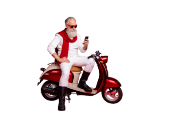Full length body size view of his he nice attractive well-groomed stylish confident content focused gray-haired man using internet online browsing 5g isolated over bright vivid shine red background