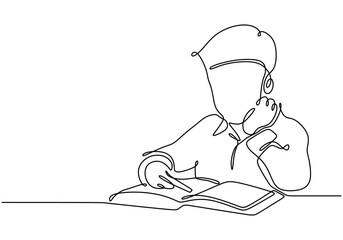 Continuous line drawing of a boy with a book. Simplified design emphasizing education and knowledge.