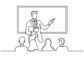 Continuous line drawing of a teacher with students. Simplified design for education and learning.