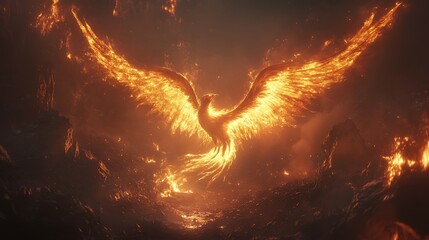 A phoenix with wings of fire takes flight from a smoldering pile of ashes, the intense heat and light radiating from its body illuminating the surrounding darkness.