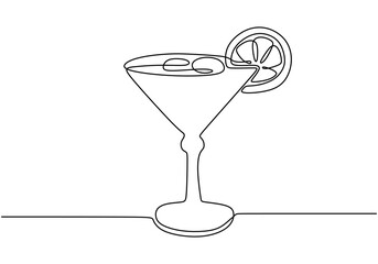 Cup with lemon slices in continuous line drawing. Simple design for citrus drinks and refreshment concepts.