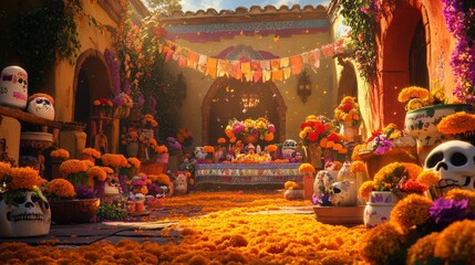 Fototapeta premium a vibrant day of the dead scene with colorful sugar skills,marigold flowers,and traditional altars,capturing the essence of celebration and remembrance in a lively real-life setting 