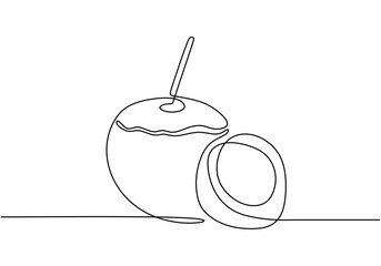 Obraz premium Coconut drink in continuous line drawing. Simple linear art for tropical themes and refreshment.